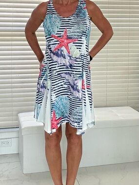 Sleeveless Navy Stripe Shell & Starfish Print Dress - White/Navy